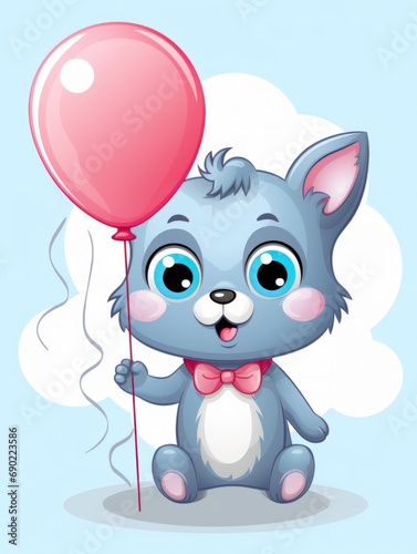 Cartoon sticker cute kitten with pink balloon, AI