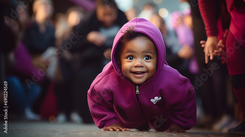 Fototapeta Naklejka Na Ścianę i Meble -  A cute black baby girl about 9 months wearing pick hoodie and dancing in the street
