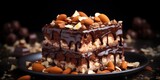 Decadent chocolate cascades over a pastry topped with crunchy almonds.