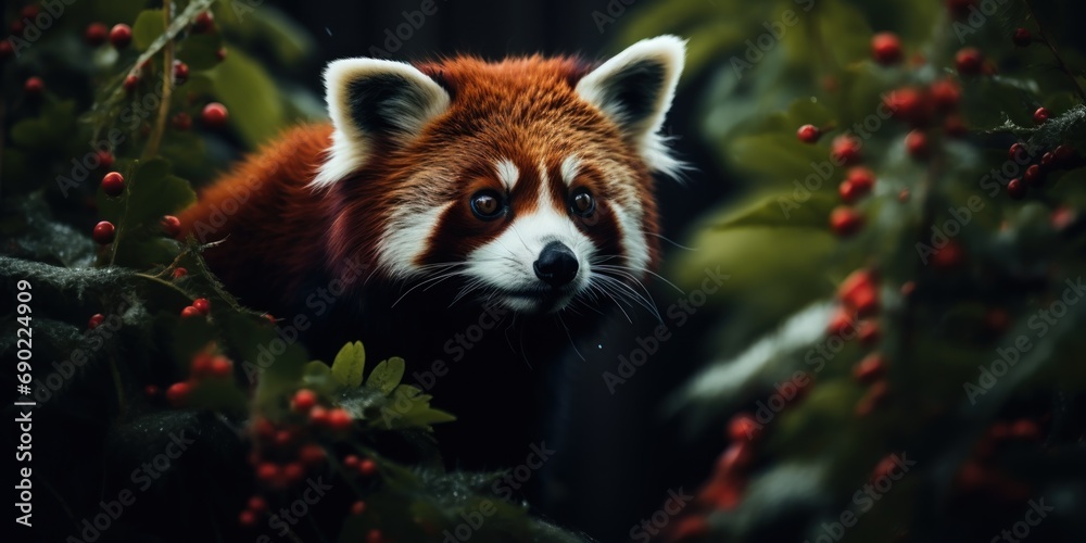 Red panda looks on, its face framed by dark foliage. Red panda looks on, its face framed by dark foliage.