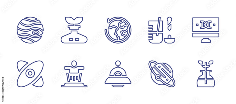 Science line icon set. Editable stroke. Vector illustration. Containing research, teleportation, jupiter, atom, around the world, lab, ufo, planet, dna structure, biochemistry.