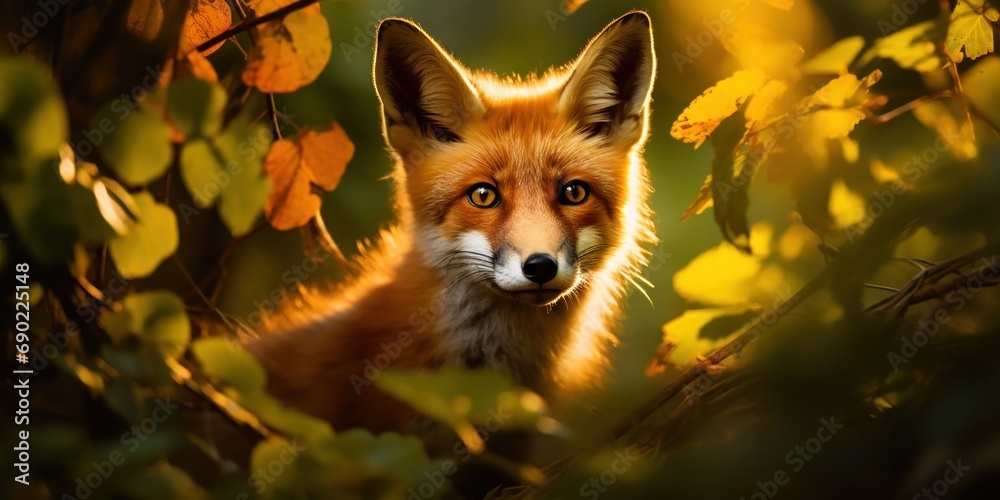 Obraz premium In the forest's hush, a fox's gaze captures the fading light.