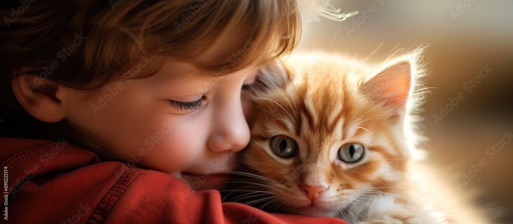 Little girl with a red kitten in hands close up Best friends Interaction of children with pets. Website header. Creative Banner. Copyspace image