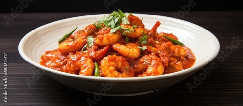 Homemade Cuban Shrimp Creole on a Plate side view Close up. Website header. Creative Banner. Copyspace image