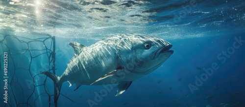 Giant Trevally Caranx ignobilis trapped inside the fishing net traps around coral reef Environment Underwater Indo Pacific Ocean Aquatic life Marine Conservation. Website header. Creative Banner photo