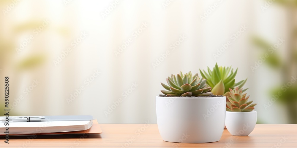 Office tools rest on a bright workspace with a succulent in a white pot. Office tools rest on a bright workspace with a succulent in a white pot.