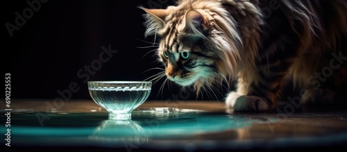 Maine coon cat drinking process Cat dips its paw in water bowl trying to drink it. Website header. Creative Banner. Copyspace image