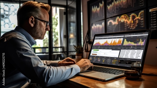 analyst uses computer and dashboard for data business analysis and Data Management System with KPI and metrics connected to the database for technology finance, operations, sales, marketing