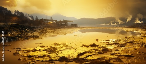 Natural disaster Pollution of a lake with contaminated water from a gold mine. Website header. Creative Banner. Copyspace image photo