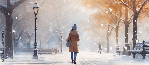 Happy young woman with hot beverage walking in winter park. Website header. Creative Banner. Copyspace image photo