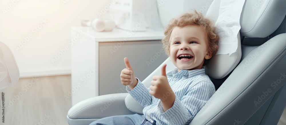 Kid sitting in dental chair Little girl patient showing thumb up approving pediatric dental service in modern clinic for children Focus on happy smiling positively child Good oral dent health - obrazy, fototapety, plakaty 