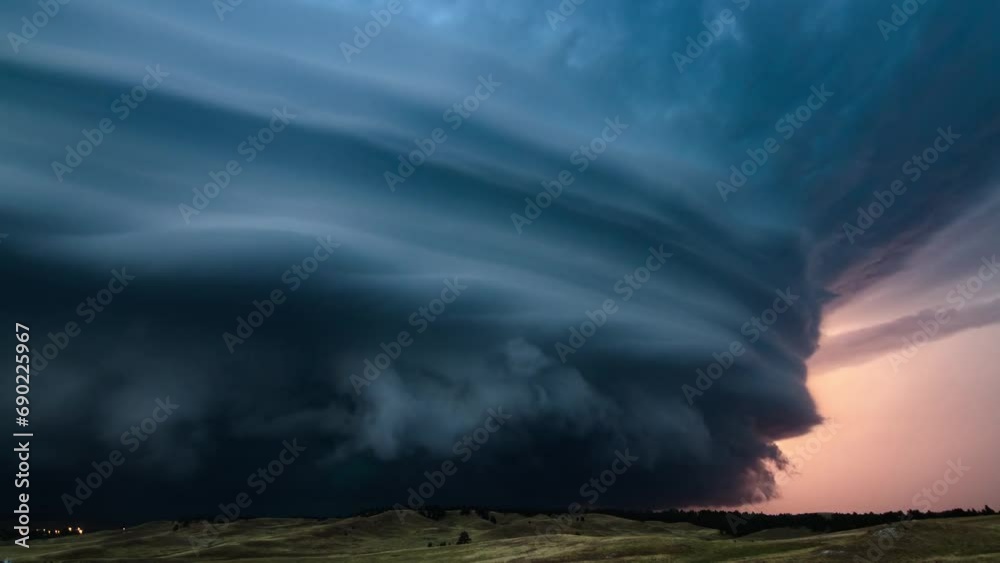 Epic thunderstorm moving clouds at night with lightning. Storm sky timelapse 