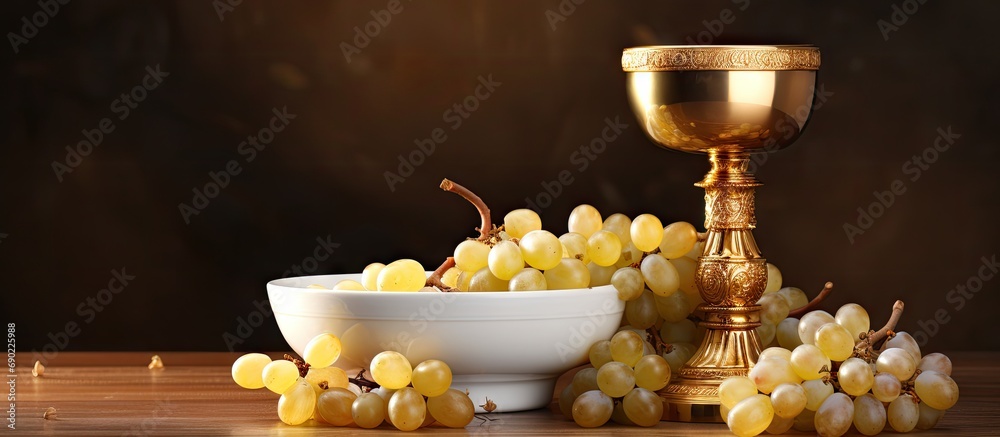 Communion Header Holy communion a golden chalice with grapes and bread wafers. Website ...