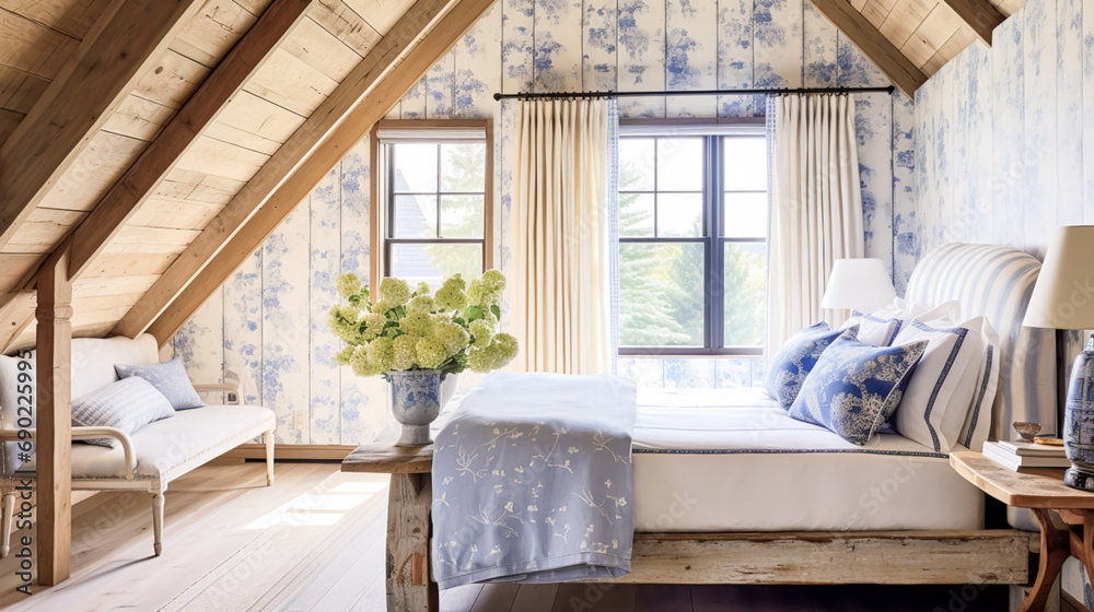 Interior design, bedroom decor and home improvement, country cottage style furniture, bed, bedding and textiles with blue accents, generative ai Interior design, bedroom decor and home improvement, country cottage style furniture, bed, bedding and textiles with blue accents, generative ai