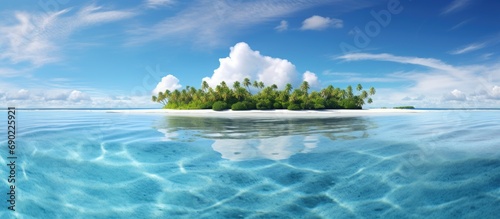Jaluit atoll Marshall Islands atoll islands across calm glassy water. Website header. Creative Banner. Copyspace image photo
