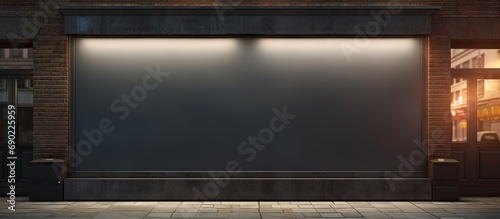 horizontal black empty signage on clothes shop front with glass windows. Website header. Creative Banner. Copyspace image photo