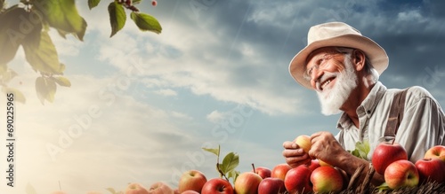 Farmer in overall standing on the ladder and holding an apple Farmer enjoying the smell of the apple grown by himself in his orchard. Website header. Creative Banner. Copyspace image