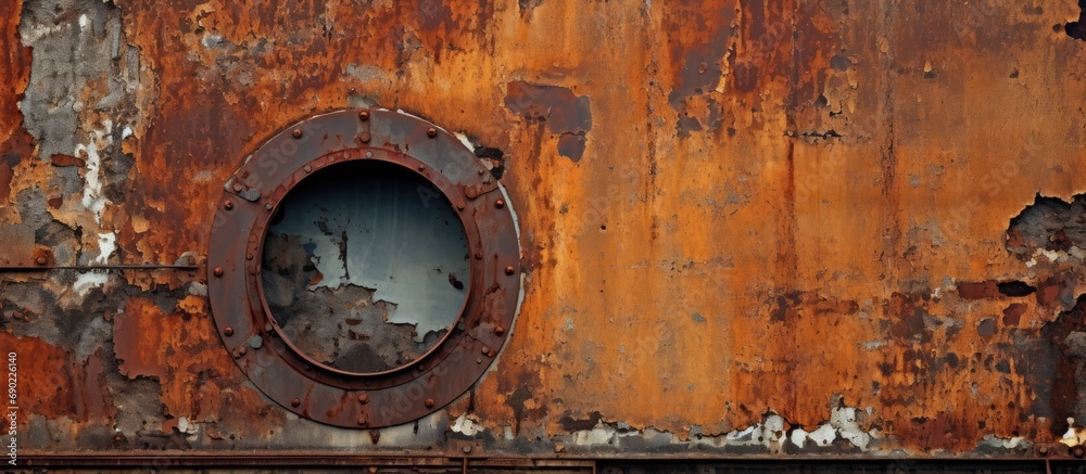 fire department training center close up details old rusty metal wall with round ship window. Website header. Creative Banner. Copyspace image - obrazy, fototapety, plakaty 