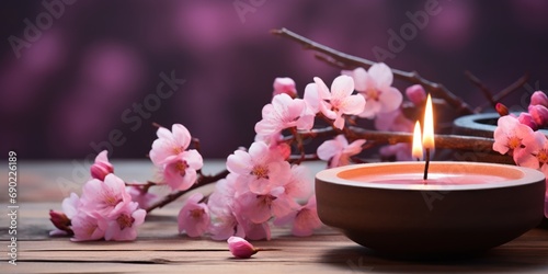 Pink blossoms spill from a rustic pot with a candle glowing warmly beside it.