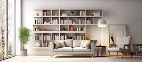 Living room with books near television comfortable furniture and designs walls are white color chairs around the tables inside rooms of a apartment. Website header. Creative Banner. Copyspace image