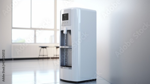 Water cooler with an eco-friendly design and touchless dispensing mechanism, set against a pristine white setting.
