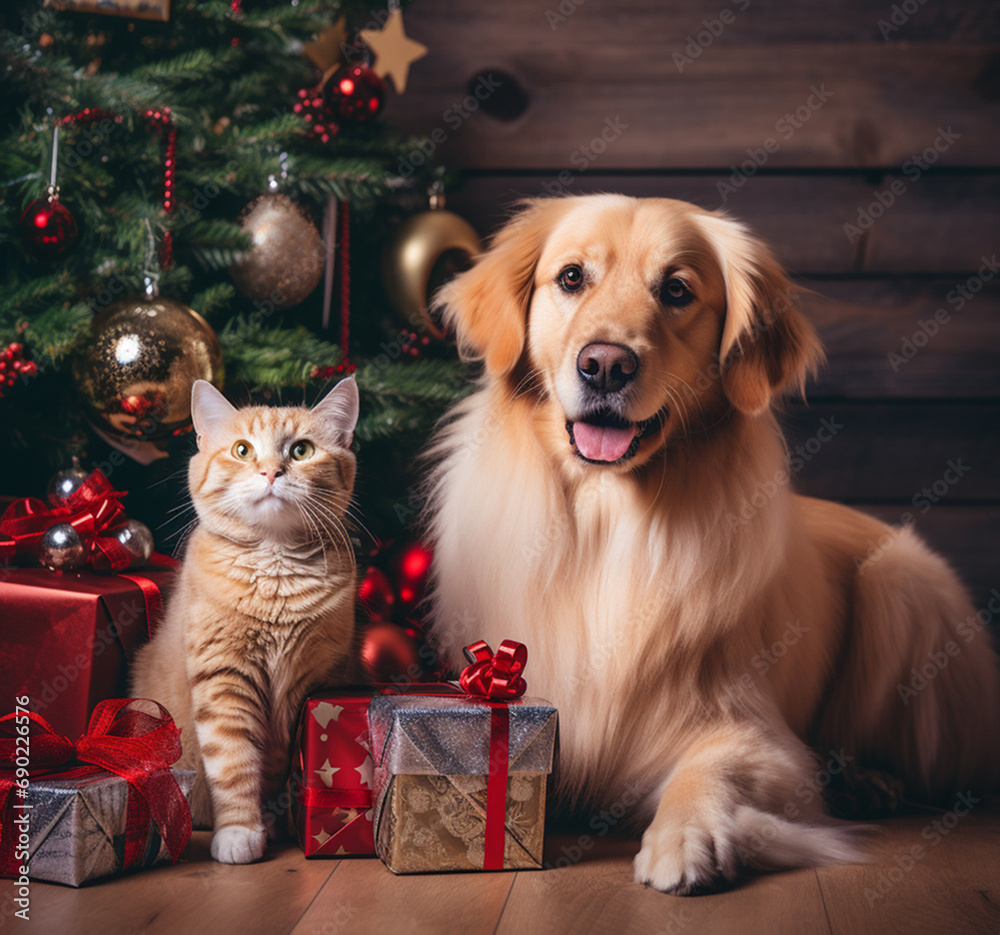 small golden retriever dog and cat near the Christmas tree with gifts on New Year's Eve and Christmas small golden retriever dog and cat near the Christmas tree with gifts on New Year's Eve and Christmas