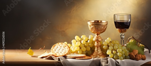 Holy communion a golden chalice with grapes and bread wafers. Website header. Creative Banner. Copyspace image