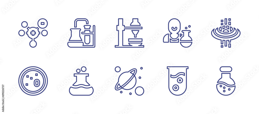 Science line icon set. Editable stroke. Vector illustration. Containing mixing, flask, teacher, black hole, test tube, separating funnel, planets, molecule, petri dish.