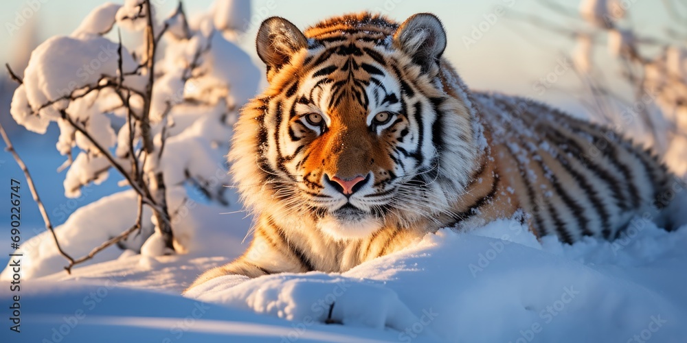 Tiger licks its paw in the snowy expanse of the taiga.