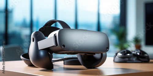  VR headsets sits on a modern desk next to a sleek computer.
