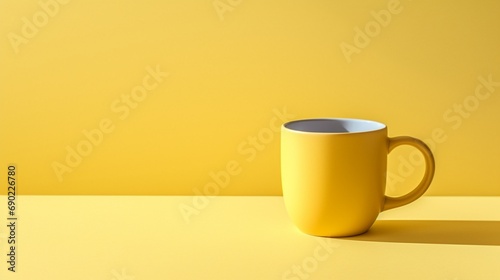 A minimalistic yellow coffee mug, casting a soft shadow on the background, captured with precision by an HD camera to highlight the simplicity and elegance of its design.