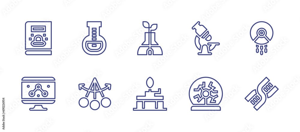 Science line icon set. Editable stroke. Vector illustration. Containing flask, pendulum, microscope, robot, plasma ball, dna, plant, bunsen burner, magazine, monitor.