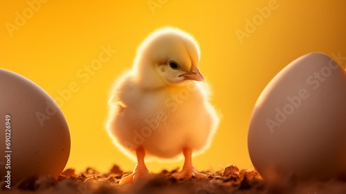 A small yellow chicken emerging from a cracked eggshell, bathed in the warm glow of sunlight against a vibrant yellow background, captured in high definition clarity.