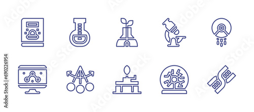 Science line icon set. Editable stroke. Vector illustration. Containing flask, pendulum, microscope, robot, plasma ball, dna, plant, bunsen burner, magazine, monitor.