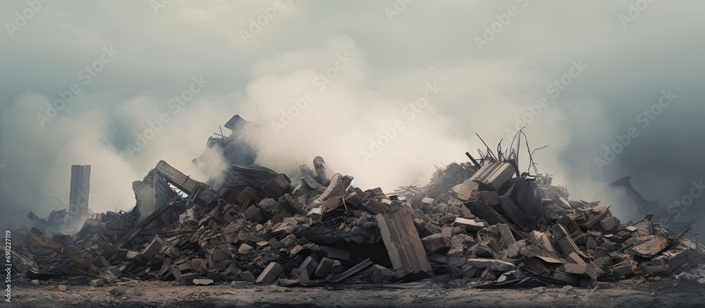 Panorama The remains of a large destroyed building with piles of construction debris Foundation piles in the foreground against a gray sky in a hazy haze Background. Website header. Creative Banner - obrazy, fototapety, plakaty 