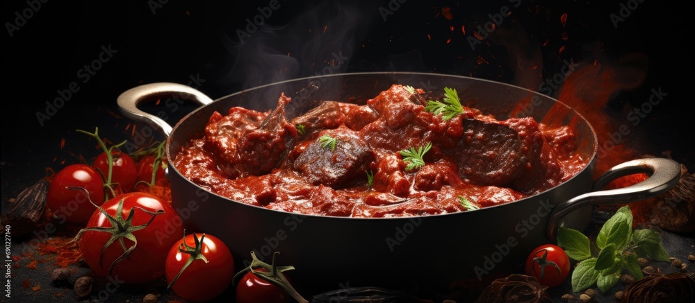 Put tomato paste in a sauce pan with chopped and roasted vegetables for making sauce or gravy Part of a series Cooking making preparation of german beef roulades. Website header. Creative Banner - obrazy, fototapety, plakaty 