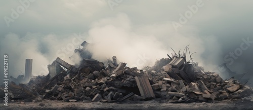 Panorama The remains of a large destroyed building with piles of construction debris Foundation piles in the foreground against a gray sky in a hazy haze Background. Website header. Creative Banner