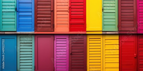 Vibrant shutters stand side by side, a testament to a rainbow of pasts.