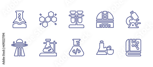 Science line icon set. Editable stroke. Vector illustration. Containing flask  ufo  atom  test tube  research  telescope  microscope  book.