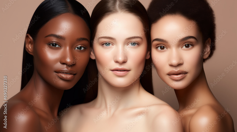 Beautiful women with beautiful faces. Skin care editorial. Three Different types and colors of skin. Beige background. 