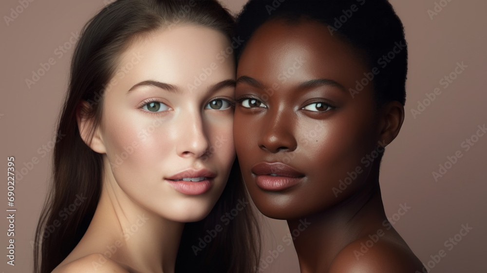 Beautiful women with beautiful faces. Skin care editorial. Two Different types and colors of skin. Beige background. Beautiful women with beautiful faces. Skin care editorial. Two Different types and colors of skin. Beige background.