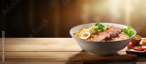 Instant noodle soup with minced pork and boiled egg in white bowl on wood table. Website header. Creative Banner. Copyspace image