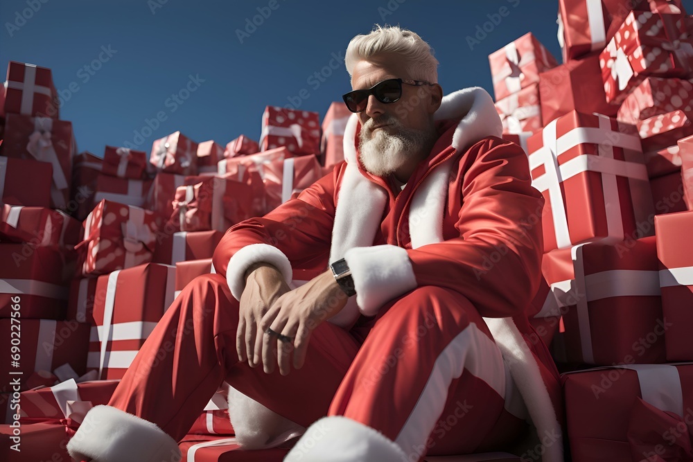 Obraz premium Modern Santa Claus sits on the mountain with gifts and is ready for Christmas and New Year's Eve