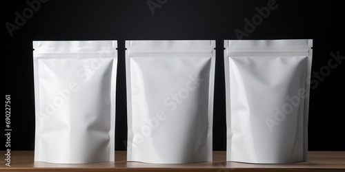 Three plain standing pouches present a blank canvas. photo