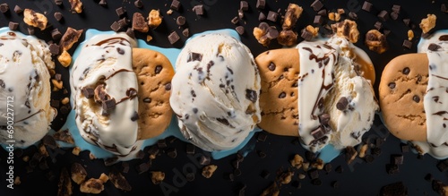 Ice cream sandwiches with nuts and caramel and chocolate chip cookies overhead shot. Website header. Creative Banner. Copyspace image
