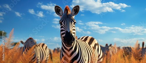 Herd of zebra in Kenya Africa with tall red oat grass and blue sky. Website header. Creative Banner. Copyspace image photo