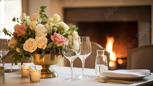 Holiday celebration table decor, festive tablescape in dining room, candles and flowers decoration for formal family dinner in the English country house, countryside interior design