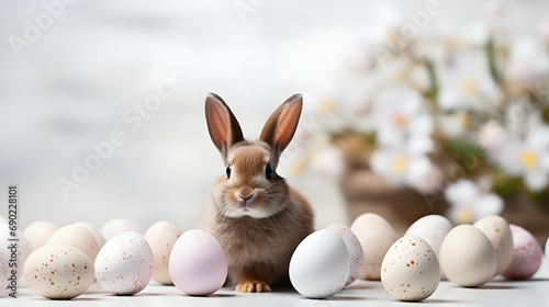 Adorable bunny with Easter eggs on a white background, perfect for spring celebrations