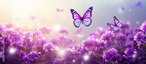 How beautifully beautiful butterflies are floating on purple flowers it looks very beautiful surrounded by green nature open sky and shining sun around. Website header. Creative Banner © HN Works