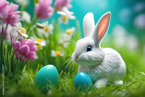 Easter white bunny and Easter eggs on a spring meadow of green grass.photo created using Playground AI platform